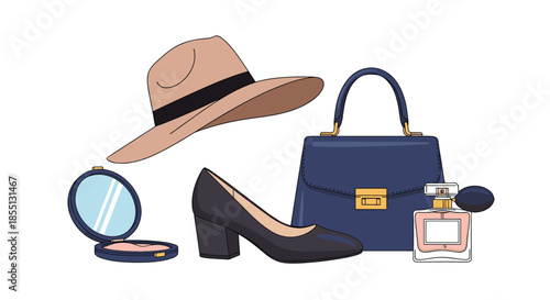 Elegant women's fashion accessories including a stylish sun hat, leather handbag, black high heel shoe, and perfume bottle.