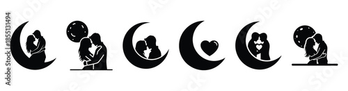 A set of romantic love moon silhouette icon. Valentines Day vector isolated on transparent background.