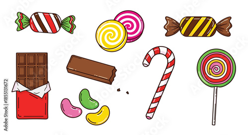Colorful candy assortment featuring chocolate bars, a candy cane, lollipops, jelly beans, and various wrapped confectionery treats.