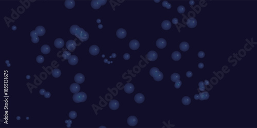 Abstract blue spherical particles floating on a dark navy background for scientific and technological concepts