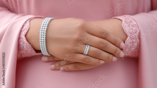 Elegant display of sparkling jewelry with stunning rings and bracelets on a delicate hand adorned in a soft pink fabric, showcasing fashion and beauty