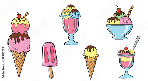 Delicious assortment of ice cream treats including double-scoop cones, colorful sundaes with cherries, and a pink popsicle.
