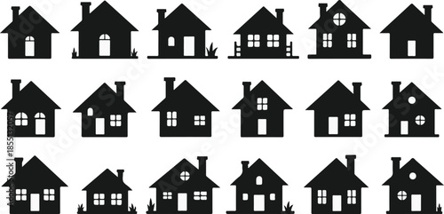 An assortment of black silhouette houses with varying architectural styles and roof designs shown in rows