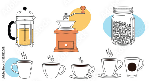 Professional coffee making equipment set with a French press, bean grinder, jar of coffee beans, and various steaming mugs.