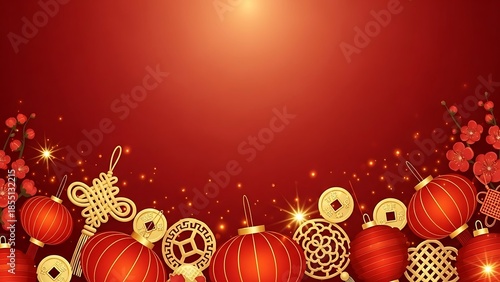 Vibrant red christmas background with ornaments and lights