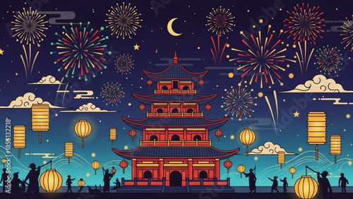 Vibrant pagoda with fireworks on a starry night sky with people releasing lanterns in a joyful festive scene