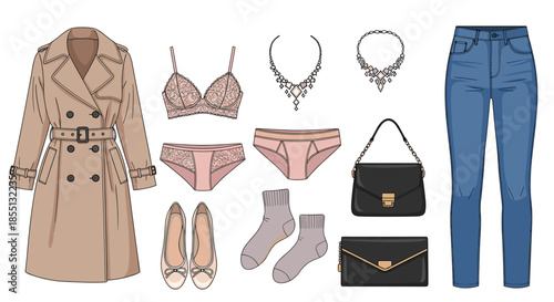 Stylish women's fall fashion collection including a trench coat, blue jeans, lace lingerie, chic accessories, and flat shoes.