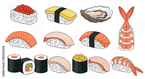 Wide variety of traditional Japanese sushi and sashimi including nigiri, maki rolls, and various fresh seafood delicacies.