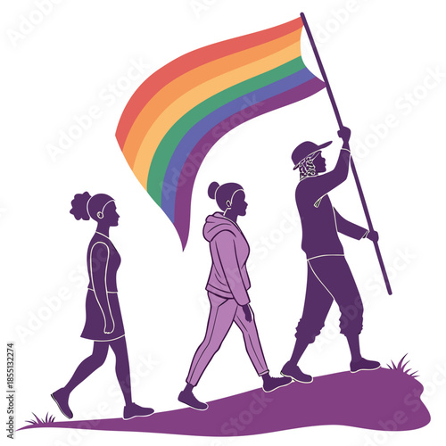 Three diverse people proudly march uphill carrying a rainbow pride flag.