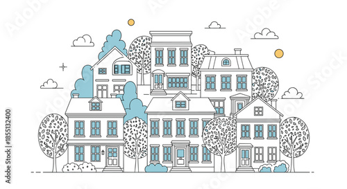 Charming urban street scene with colorful houses and trees designed in a clean architectural line art style with a yellow sun.