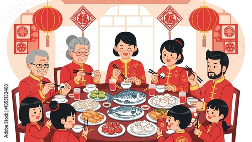 Family in traditional chinese clothing enjoying a festive meal together with red decorations and lanterns