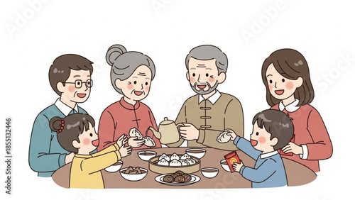 A happy multi generational family enjoying a meal together around a table with food and drinks