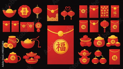 Chinese new year celebration elements, red envelopes with gold accents, lanterns, coins, and tea sets on black background for festive decorations