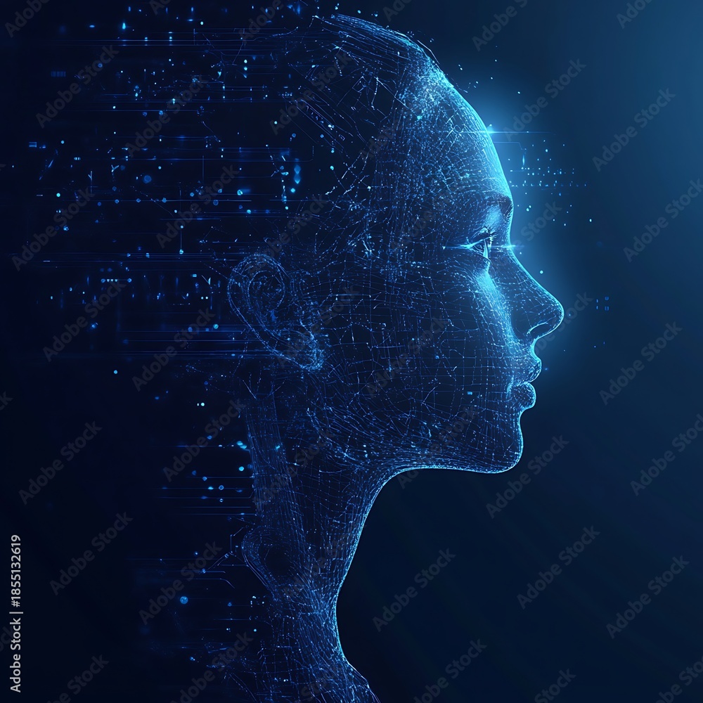 Obraz premium Futuristic digital human head in blue neon light network