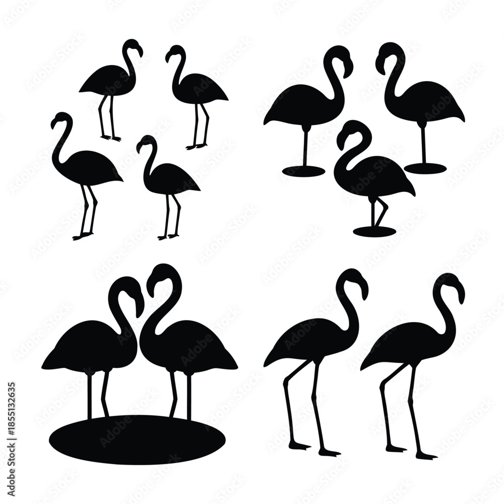 Fototapeta premium Elegant black flamingo bird silhouettes collection for tropical design and decor