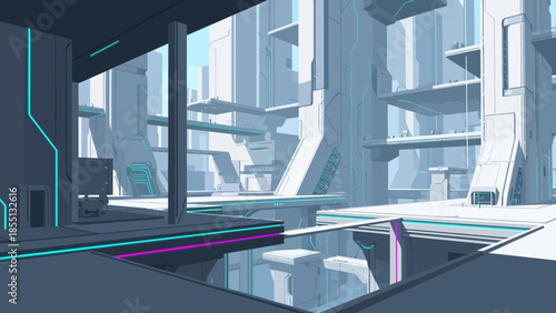 Futuristic Architecture with Neon Lights and Reflections.