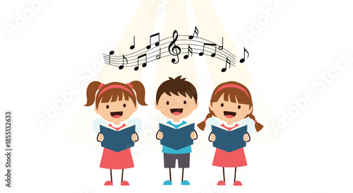 Group of three young children singing together in a choir with musical notes and stage lighting effects in the background.