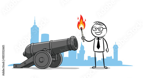 Stick figure businessman in glasses lighting the fuse of a large historic cannon against a blue city skyline backdrop.