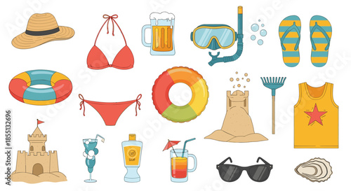 Summer vacation and beach essentials including swimwear, sun hat, snorkel mask, sandcastles, flip-flops, and tropical drinks.