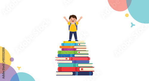 Ambitious young student standing victoriously on top of a giant stack of colorful books against a creative abstract background.