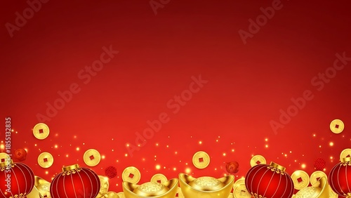 Vibrant red background with golden coins and ornate elements decorative border