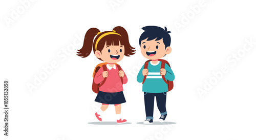 Two happy elementary school children, a girl and a boy, carrying backpacks and walking together with joyful expressions on white background.