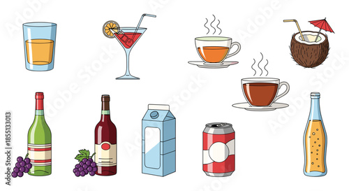 Comprehensive collection of different beverage illustrations including juice, cocktails, hot tea and coffee, wine bottles, milk, and soda cans.