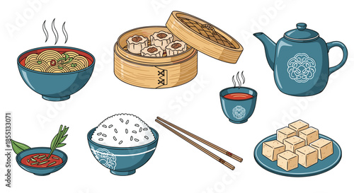 Assortment of traditional Asian cuisine dishes including a bowl of noodles, dim sum in a steamer, rice, tea, dipping sauce, and tofu blocks.