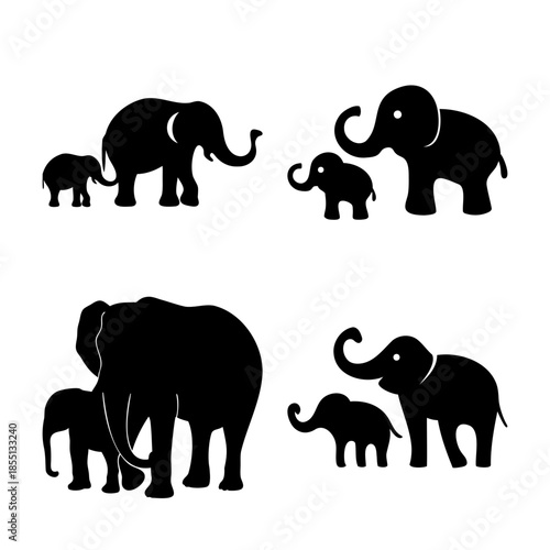 Elephant family silhouettes: a collection of parent and baby elephant pairings