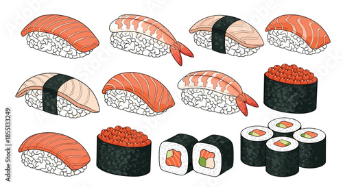 Extensive collection of delicious sushi types featuring salmon and shrimp nigiri, tuna rolls, sea urchin gunkan, and seaweed-wrapped maki.