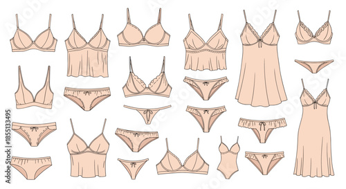 Extensive collection of women's elegant lingerie and intimate apparel including various bra styles, panties, slips, and nightgowns in light pink.