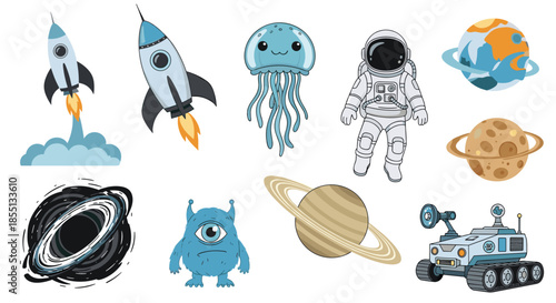 Fun collection of space-themed illustrations including rockets, a space jellyfish, astronaut, various planets, an alien, and a lunar rover.