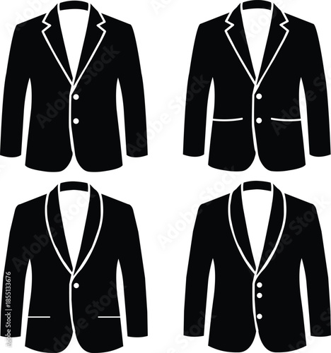 Collection of classic black blazers silhouette isolated on white background, Elegant Classic Black Blazer Silhouette Set.