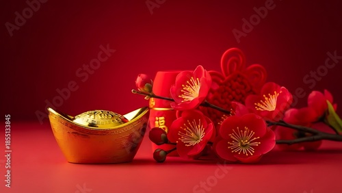 Vibrant red flowers and golden bowl on red background with chinese new year elements
