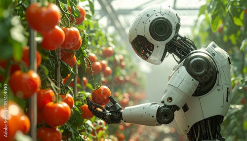 Robotic arm harvesting a ripe tomato in a greenhouse, showcasing advanced agricultural automation. Smart farming and the artificial intelligence in sustainable food production and crop management.