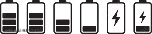 A series of battery icons showing decreasing charge levels and charging status