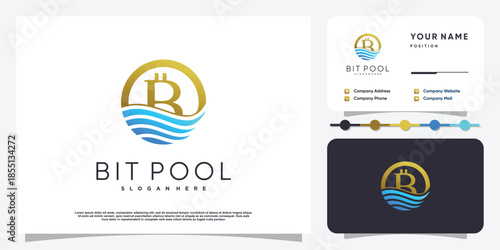 Bitpool logo design with water and golden element Premium Vector