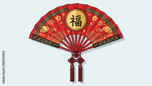 Traditional chinese red folding fan with golden accents and chinese character on light green background for cultural or festive use