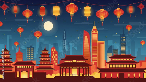 Vibrant asian cityscape at night with traditional lanterns and modern skyscrapers under a full moon