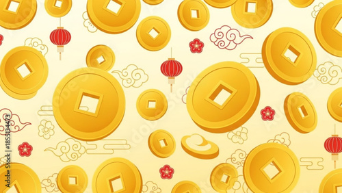 Gold coins and red lanterns with clouds on beige background for chinese new year or prosperity concept