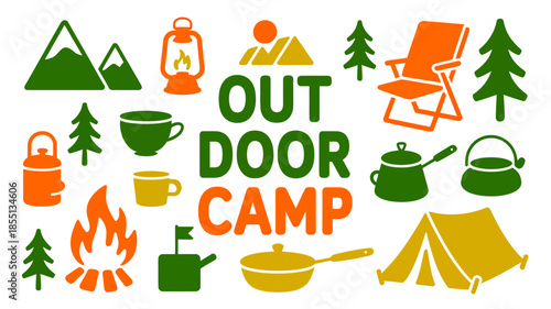Set of outdoor camping and hiking icons including tent, campfire, mountains, trees, and cooking equipment isolated on white background