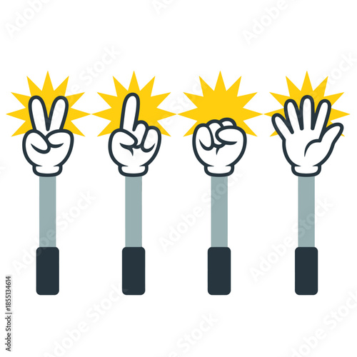 Set of cartoon gloved hands on sticks showing numbers two one zero and five, counting hand gestures with yellow starbursts, isolated on white background