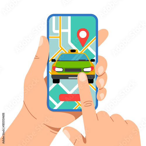 Hand holding a smartphone using a taxi booking app with map and car icon, isolated on white background