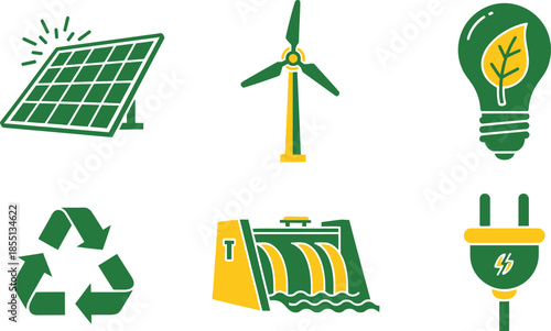 Flat vector set of 6 Renewable Energy icons solar panel wind turbine lightbulb with leaf recycling arrows hydro dam and electric plug