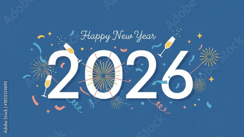 A colorful digital illustration celebrating the year 2026 with Happy New Year text and festive fireworks on a blue background