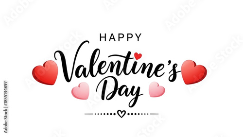 Happy Valentines Day typography design with 3D red and pink hearts, calligraphy text, and decorative line divider on white background