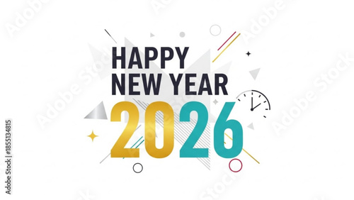 A colorful Happy New Year 2026 graphic with festive text and decorations on a white background