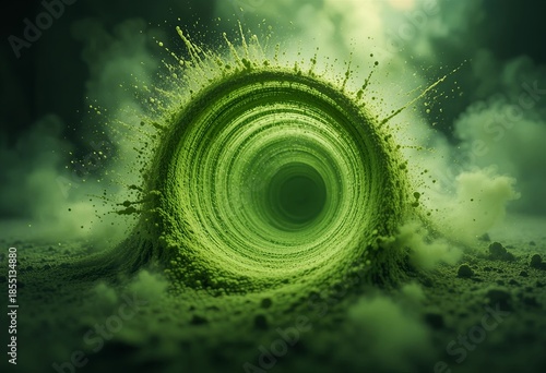 Matcha powder vortex — spiraling green dust forming abstract tunnel shape, dramatic lighting, ultra-detailed texture.