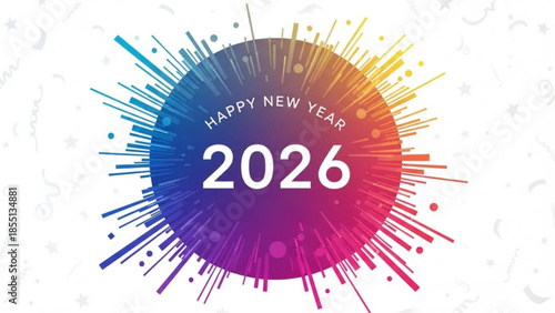 A colorful Happy New Year 2026 graphic design with a multicolored circle and white text on a white background with gray patterns