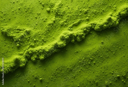 Abstract matcha powder texture — layered green dust clouds creating depth and movement, macro shot, sharp detailed grains.